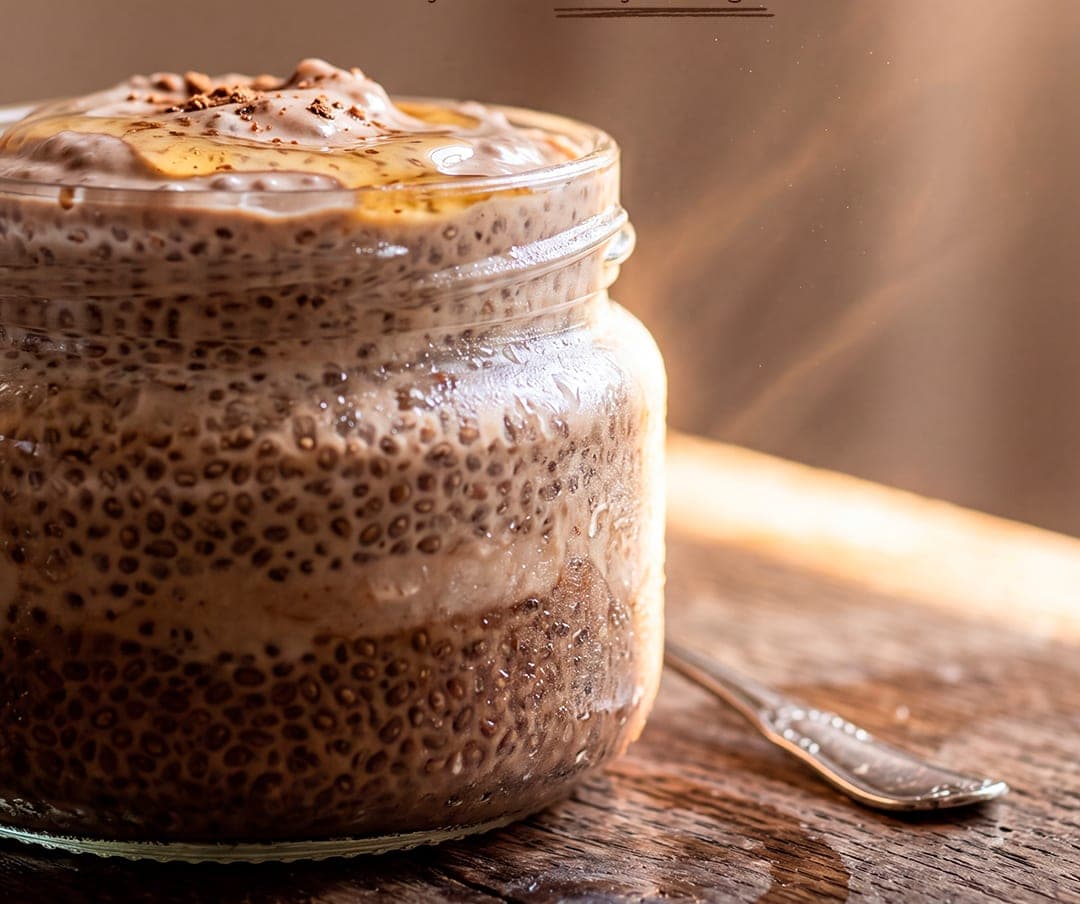 Glass jar of layered carob chia pudding on a wooden table