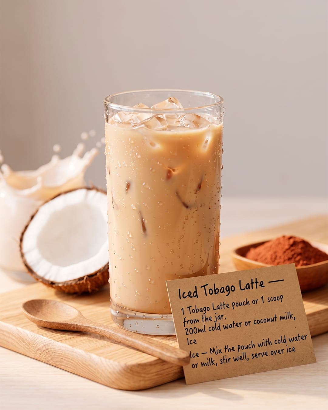 Tall glass of iced Tobago Latte beside a split coconut and a bowl of carob powder