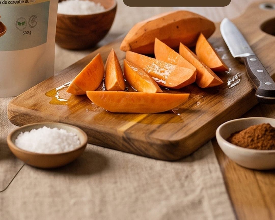 Sweet potato wedges on a wooden board with bowls of sea salt and carob powder
